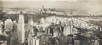 HAROLD COSTAIN (1897-1994) The Williamsburg, Brooklyn, and Manhattan Bridges * Bird's-eye view of Manhattan. 1930.